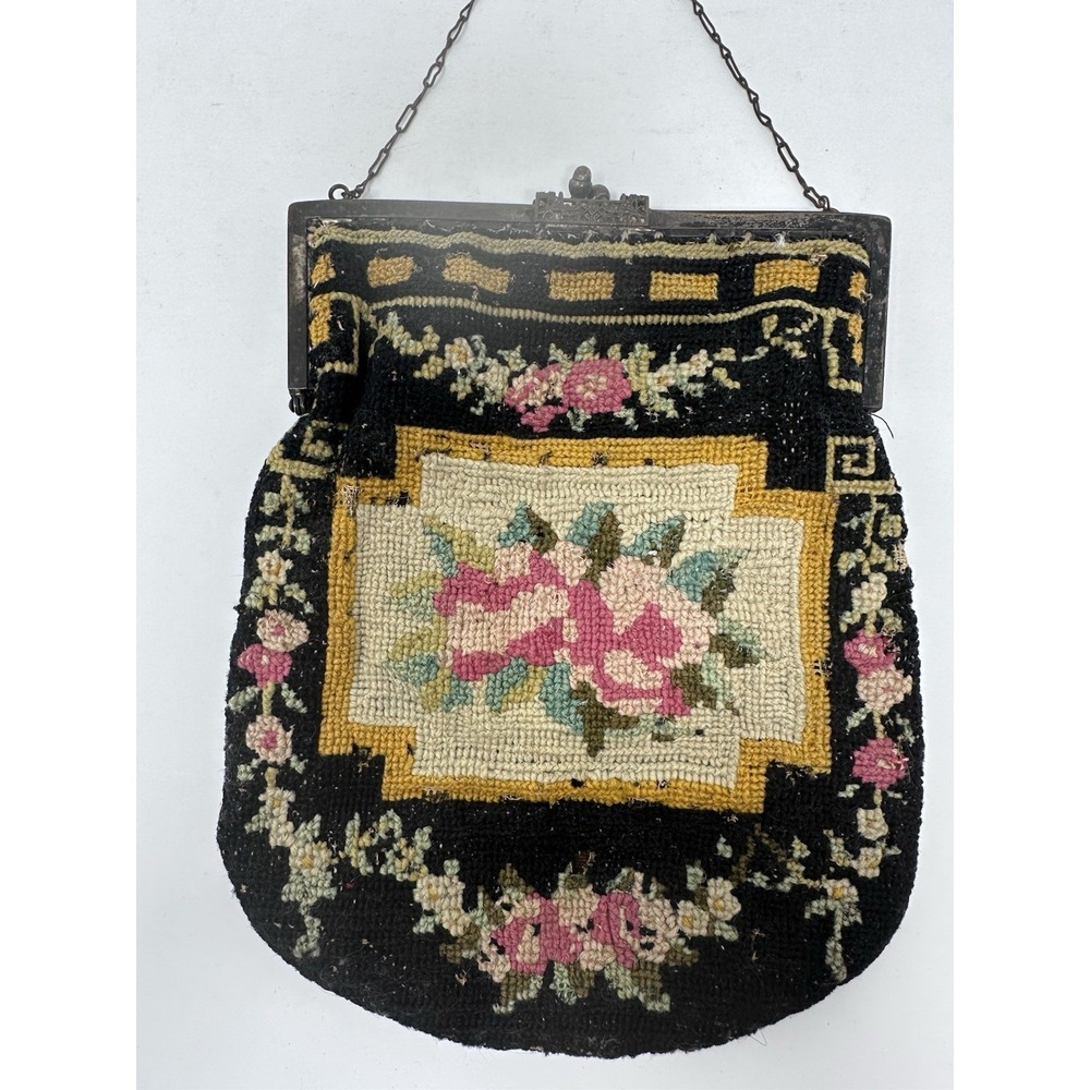 Vintage Needlepoint Tapestry Purse Floral Roses Metal Frame Victorian Revival